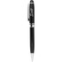 A black metal ballpoint pen with a silver clip and detailing, featuring a logo.