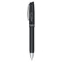 A black ballpoint pen with a metallic finish and a clip, featuring a branding logo.