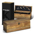 A wooden keepsake wine box gift set with various wine accessories inside and a branded packaging box.