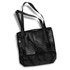 A black sports tote bag with mesh sides and fabric bottom, featuring long shoulder straps and a logo.