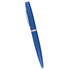 A blue twist action pen featuring a sleek metallic design and a silver clip. It includes a branding logo.