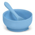 A blue suction bowl set for kids, including a bowl and a matching spoon. Features a logo on the bowl.