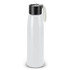 A drink bottle in white aluminium with a black lid and handle, featuring a logo on the body.