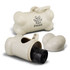 A bone-shaped pet bag dispenser in a natural colour, with a removable lid and a roll of bags inside. It features a logo.