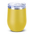 A drink bottle in vibrant yellow with a clear lid and a stainless steel rim, featuring a logo.