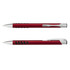 A red metal pen with black accents and a silver clip, featuring a logo on the body.