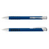 A blue metal pen featuring a sleek design with a silver clip and branded logo.
