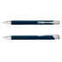 A metal pen featuring a blue body with silver accents and a clip, showcasing a sleek design.