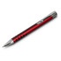 A metal pen in a sleek red design with a chrome clip and grip detailing. Features a logo on the pen body.