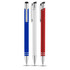 A collection of three metal ballpoint pens in blue, white, and red, each featuring a logo.