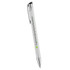A metal ballpoint pen in white with a silver clip and a logo printed on the barrel.
