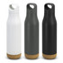 A drink bottle collection featuring white, olive green, and black bottles with a cork base and a handle. Each bottle has a logo.