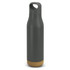 A drink bottle in a matte dark green finish with a cork base and a carry handle. It features a logo.