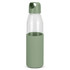 A drink bottle with a clear glass body and a matte green silicone sleeve. It features a green lid and has a logo.