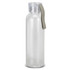 A drink bottle in clear plastic with a grey handle, featuring a screw-on lid and an attached strap.