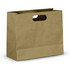 A large landscape die cut paper bag in a brown, kraft finish with a cut-out handle.