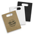 A set of three medium die cut paper bags in brown, white, and black, featuring a logo design on the brown bag.