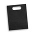 A medium, die cut paper bag in solid black with a handle at the top and a clean design.