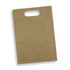 A large, brown die cut paper bag with a handle and a plain surface, featuring a logo.