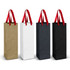 Four wine bags in olive green, white, black, and dark grey, each with red ribbon handles, featuring a logo.