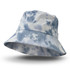 A tie-dye bucket hat in shades of blue, featuring a wide brim and a branded logo.