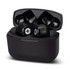 A pair of black ANC TWS earbuds in a charging case, featuring a logo on the earbuds.