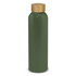 A drink bottle in dark green with a bamboo lid. It has a sleek, minimalist design and a logo.
