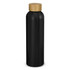 A drink bottle in matte black with a bamboo lid and a simple logo on the body.