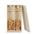 A wooden gift box in natural colour with two compartments filled with shredded paper and a rope handle.