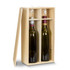 A wooden gift box containing two wine bottles, featuring a natural finish and a rope handle.