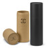A drink bottle gift tube in black, with a smaller brown tube beside it, both featuring a logo.