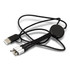 A braided charging cable with a black USB connector and dual charging ends in silver for multiple devices.
