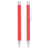 A red metal ballpoint pen featuring a sleek design and a metallic clip. The pen has a branding logo.
