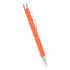 An orange metal ballpoint pen with a silver clip and tip, featuring a sleek design and a branding logo.