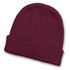 A maroon beanie with a cuffed design, featuring a logo on the side.