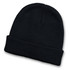 A black knit beanie with a folded cuff and a logo.