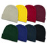 A collection of eight beanies in various colours: beige, yellow, red, burgundy, green, blue, dark green, and black. Each beanie has a rolled cuff.