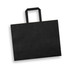 A large flat paper bag in black with a landscape orientation and a flat handle, featuring a logo.