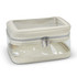 A cream cosmetic bag with a clear panel and zip closure, designed for storage and organisation.