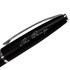 A black metal twist action pen with a glossy finish and a silver clip, featuring engraved text and a logo.