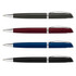 A collection of four metal pens in green, burgundy, blue, and black with silver accents and a logo.