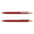 A metal pen in red with a wooden accent and a silver clip, featuring a sleek design.