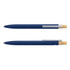 A blue metal pen with a bamboo accent and a silver clip, featuring a branding logo.