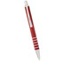 A red metal ballpoint pen with a shiny chrome clip and accents, featuring a logo on the barrel.