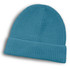 A blue brushed kids beanie with a ribbed texture and a folded cuff, featuring a logo.