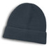 A dark grey brushed beanie for kids with a rolled cuff and a textured design. It has a logo on it.