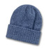 A blue beanie hat with a folded cuff, featuring a textured knit pattern and a branding logo.