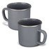 A matte grey enamel mug with a silver rim and a sturdy handle, displayed in a pair.