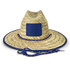 A Tiki straw hat with a wide brim, featuring a blue accent and an adjustable chin strap.
