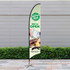 A large feather flag kit featuring a green and white design with a logo and image of food. It has a black pole and base.